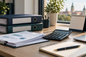 Dokumenty finansowe, kalkulator i kalendarz na biurku